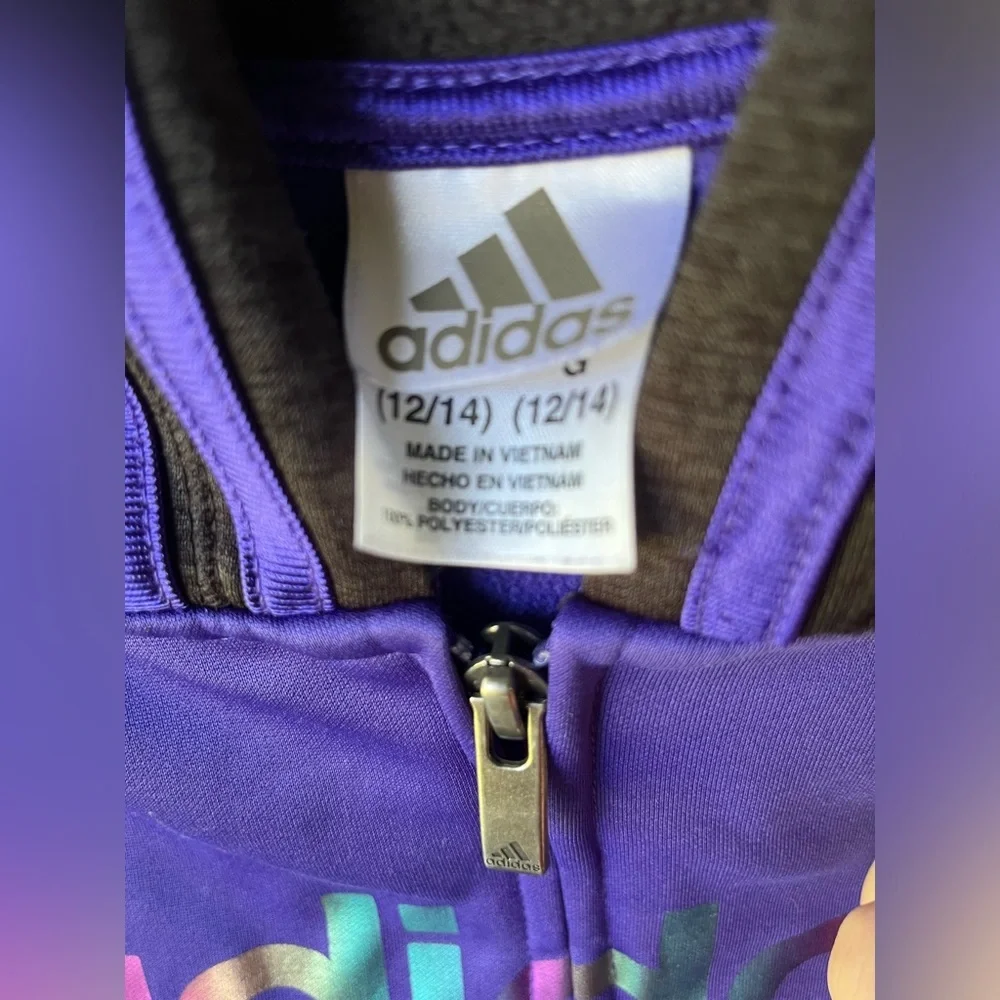 Adidas Youth 10–12 Full Zip Hoodie Jacket Purple Black Sleeves Iridescent Logo